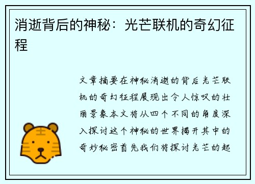 消逝背后的神秘：光芒联机的奇幻征程